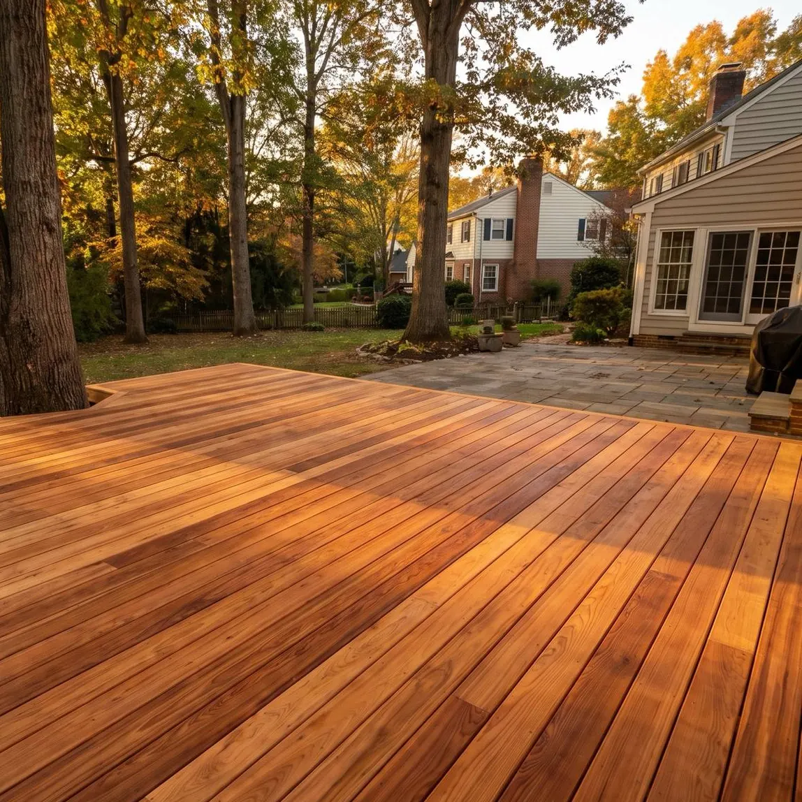 Warm-toned wood deck and stone patio behind a brick Northern Virginia colonial