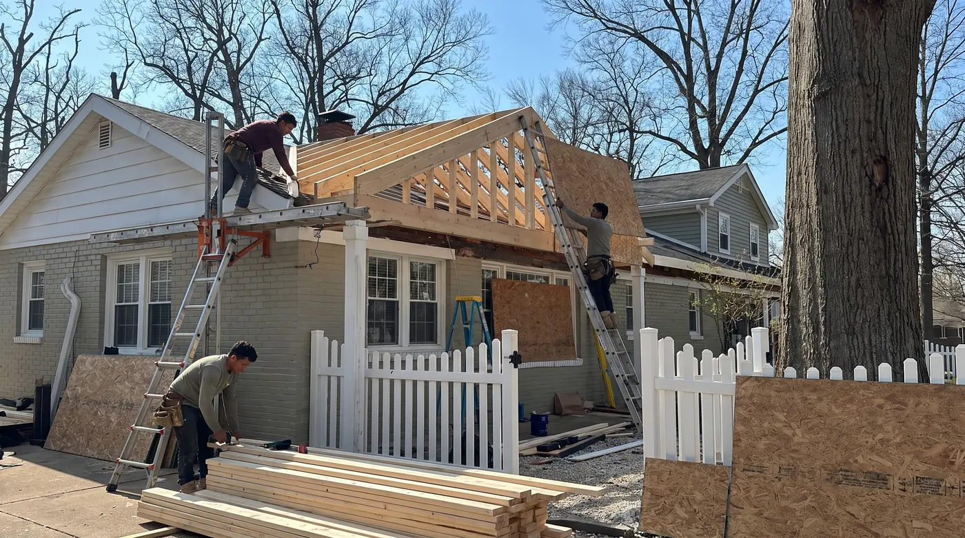 Three LCR roofers framing a gable on a Northern Virginia home, candid on-site documentation