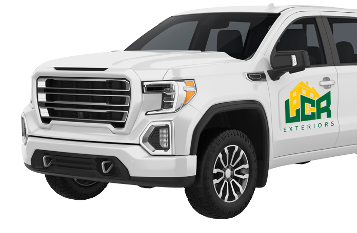 LCR Exteriors white truck with logo on the door
